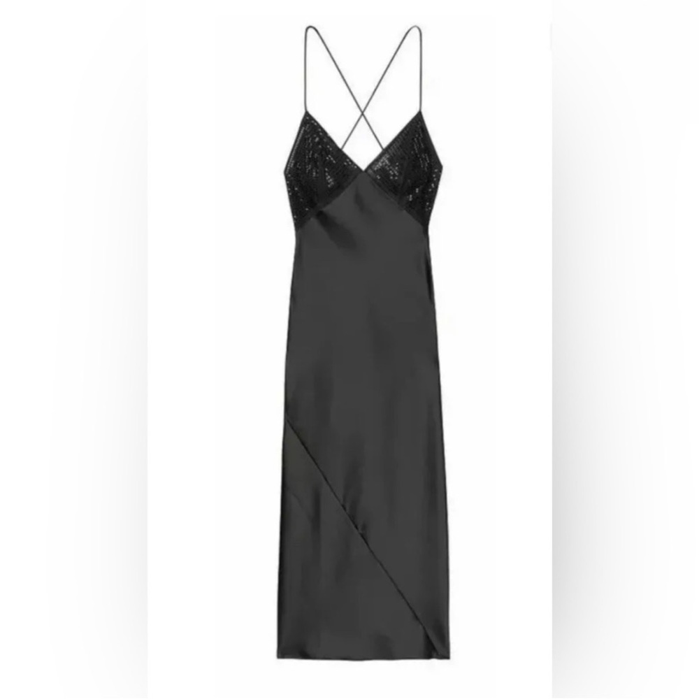 Victorias Secret Black Midi Slip Dress Satin Luxe Rhinestones Embellished XL